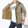Khaki outdoor hooded jacket for men with brown fleece lining and multi-pocket design - M / Fleece Lined / Khaki
