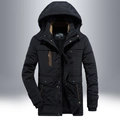 Schwarze Herren-Winterjacke mit Fleece, khakifarbenem Kontrast und abnehmbarer Kapuze - M / Schwarz