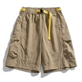 Summer khaki cargo shorts with elastic waist and vibrant yellow nylon belt details - M / Khaki
