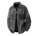 Donkergrijs denim overhemd met lange mouwen, contrastzak en witte stiksels als detail - M / Denim Zwart