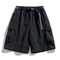 Outdoor techwear black cargo shorts with purple woven belt and utility pockets - M / Black