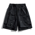Pantalones cortos cargo techwear negros para hombre con bolsillos grandes y cordón elástico - M / Negro Atardecer