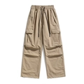 Men's lightweight khaki cargo pants with elastic drawstring waist and side flap pockets - M / Khaki