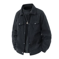 Classic black corduroy jacket for men with stylish lapel and metal buttons on white background - M / Black