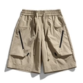 Men's khaki cargo shorts with elastic drawstring waist and tactical side zipper pockets - M / Khaki