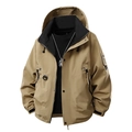 Men's khaki outdoor mountain jacket with black contrast zippers and hooded windproof design - Tan