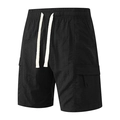 Men's black nylon cargo shorts with elastic waist and drawstring on white background - M / Black