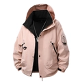 Outdoor waterproof hooded jacket in flesh pink with contrast black lining and sleeve patch - Sakura Pink