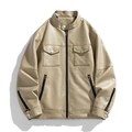 Slim fit men's faux leather jacket in light khaki with stand collar and zipper pockets - M / Khaki