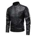 Men's retro black faux leather motorcycle jacket with stand collar and ribbed stitching - S / Black