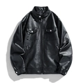 Front view of a black slim-fit PU leather jacket with chest pockets and zippers - M / Black
