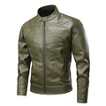 Men's retro military green faux leather biker jacket with stand collar and zipper - S / Green