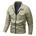 Schlank geschnittene Herren-Bikerjacke aus olivgrünem Kunstleder mit Stehkragen - M / Khaki