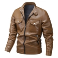 Schmal geschnittene Herren-Lederjacke mit Stehkragen in Braun und vier Taschen - M / Erdgelb