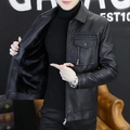 Chaqueta de moto de cuero sintético negro para hombre con forro polar y cuello de solapa - M / Negro Forrado de Felpa