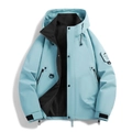 Light blue waterproof outdoor hooded windbreaker jacket with black lining and mountain patch - Mustard Grey