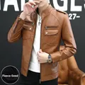 Chaqueta de cuero marrón para hombre de corte ajustado con forro polar y cremalleras - M / Caqui Con Forro Polar