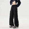 Men's black cargo pants with elastic waist and adjustable drawstring cuffs in a loose fit - S / Black