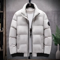 Men's light gray thick stand collar winter jacket with quilted design and black ribbed cuffs - M / Khaki
