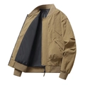 Men's khaki bomber flight jacket with ribbed cuffs and stand collar on white background - S / Brown