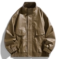 Veste de travail pour homme en similicuir rétro avec col montant et poches à rabat - M / Kaki