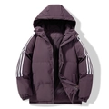 Men's dark purple padded hooded jacket with white triple stripes on sleeves - S / Aurora Purple