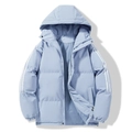 Light blue hooded puffer jacket with triple white stripes on sleeves and zipper closure - S / Sky Blue