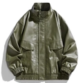 Veste homme en similicuir vert olive, style militaire avec poches et coupe ample - M / Vert Militaire