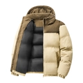 Men's thickened winter hooded jacket in cream beige with brown corduroy patchwork detailing - S / Khaki