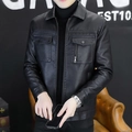 Men's black faux leather biker jacket featuring chest flap pockets and zipper details - M / Black