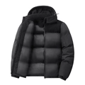 Men's black hooded puffer jacket with corduroy patchwork and warm quilted design - S / Black