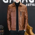 Classic men's brown PU leather motor jacket with lapel collar and functional pockets - M / Khaki/Earth Yellow