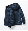 Detail of waterproof camouflage hiking jacket with hood and functional zip pockets - M / Blue