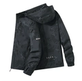 Detail showing TEN PORTER logo on sleeve and functional icons of a camo windbreaker - M / Black