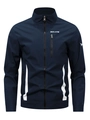 Men's dark blue windproof stand collar jacket with white logo and contrast hem - S / Dark Blue