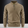 Men's khaki fleece sweatshirt with half-zip stand collar and ribbed cuffs for warmth - Brown