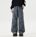 Men's wide-leg cargo pants in dark grey-blue with utility pockets and drawstring - S / Gray