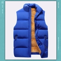 Men's royal blue quilted winter vest with stand collar and warm yellow fleece lining - S / Blue