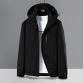 Men's outdoor hooded jacket in black windproof fabric with zipper pockets and velcro cuffs - M / Black