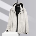 Waterproof outdoor hooded jacket for men with geometric pattern and mesh lining - L / Khaki