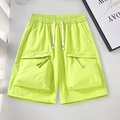 Men's neon yellow cargo shorts with elastic drawstring waist and large 3D pockets - S / Grass Green