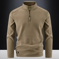 Men's tan half-zip fleece pullover with a structured stand collar and sports label - M / Brown