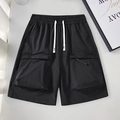 Men's black cargo shorts with elastic drawstring waist and large flap pockets - S / Black