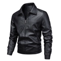 Men's slim fit black leather jacket with lapel collar and windproof zipper closure - M / Black