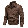 Men's brown slim fit faux leather jacket with lapel collar and metal zipper closure - M / Brown