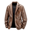 Classic men's brown PU leather blazer with notch lapels and functional front pockets - M / Coffee