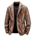 Slim fit dark brown leather blazer for men featuring classic lapels and flap pockets - M / Coffee