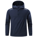 Donkerblauwe heren hoodie met fleece, knoopsluiting en witte schouderstrepen - S / Donkerblauw