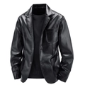 Men's slim fit black leather suit jacket with notched lapels and three pocket design - M / Black