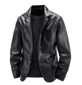Men's retro black leather blazer jacket with classic lapels and matte pebble texture - M / Black